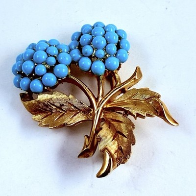 Vintage TRIFARI Faux Turquoise Double Flower Brooch Estate Pin Rare