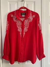 Bob Mackie Wearable Art Button-Up Top Sz L Silk Embroidered Artsy Eclectic Glam