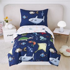 4 Pieces Twin Bed in A Bag Navy Blue Ocean Animal Themed Kids Comforter Set f...