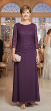 Alex Evenings Long Gown with Sequin Lace Bodice  Chiffon Skirt Plum Purple 14W
