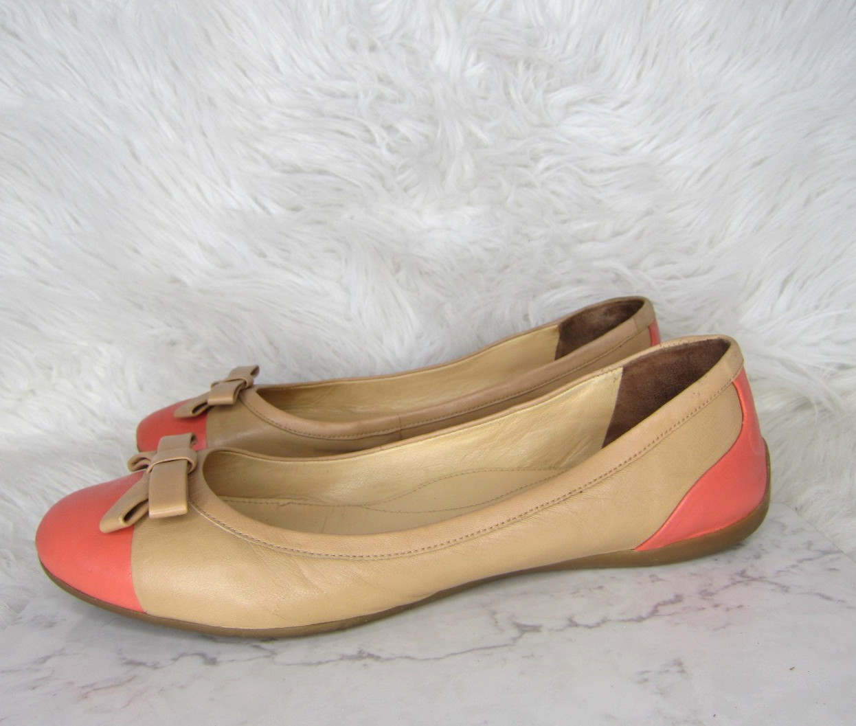 Ivanka Trump Tan & Coral Pink Cap Toe Bow Front Monroe 2 Ballet Flats Size 9.5 M