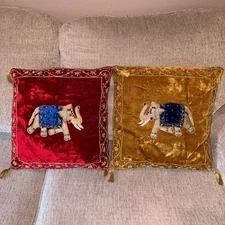 Set of 2 Embroidered Elephant Velvet Pillow Covers 16x16 Indian Boho Tassels
