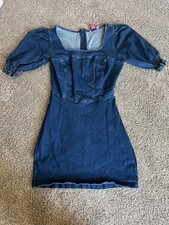 Betsey Johnson Denim Mini Dress Puff Sleeve Square Neck Zip Back Heart Size 2