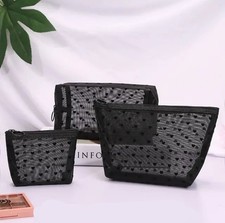 3pcs Black Mesh Makeup Bag Set Travel Cosmetic Organizer Zipper Pouch Waterproof