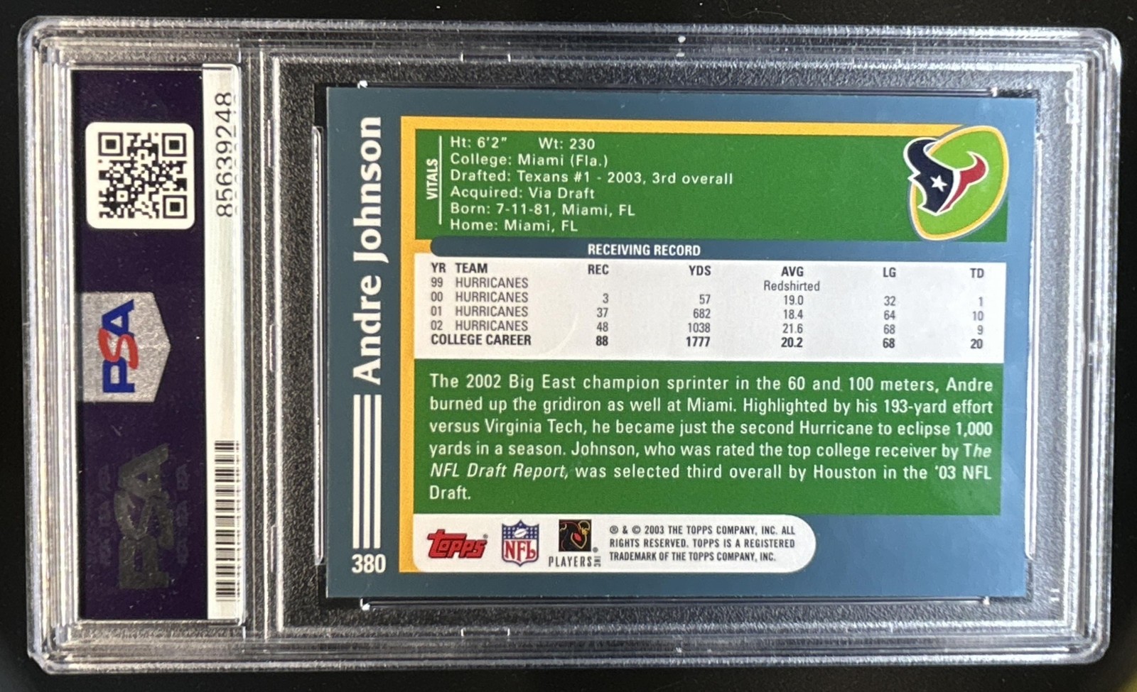 Trading Card Andre Johnson Autograph Auto PSA DNA Authentic Auto 10 view 2