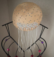 New York Paris Classic Beige Beret Women Straw Beaded Fringe One Size