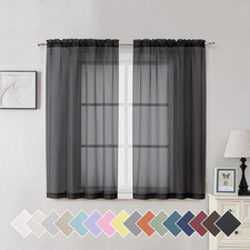 Black Sheer Curtains for Windows 54 inch Long 2 Panel Set, Rod Pocket Soft Voile
