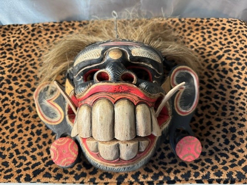 Vintage Balinese Tribal Rangda Mask Hand Carved Wood Rustic Wall Art Decor