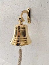 Nautical Antique Brass Hanging Door Ship Bell 7" Big With Wall Mounted Bracket