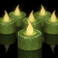 Green Glitter LED Tealight Candles Pack of 12, Flameless Flickering Tealight ...