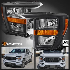 Fits 2021-2023 Ford F150 F-150 Black Halogen Headlights Headlamps Left+Right