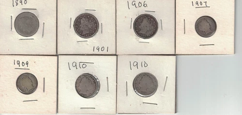 Lot of 7 coins 1907 & 1909 Barber Dimes - .900 Silver Coin (And 5 1900s nickels)