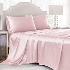 4 Pcs Blush Pink Satin Sheets Full Size Silky Satin Bedding Sheets Set with 1...