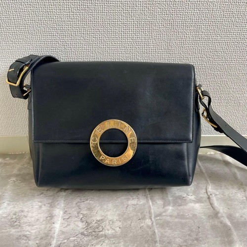 CELINE Circle Logo Shoulder Bag Black Leather Vintage Gold Hardware Classic