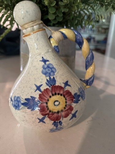 Italian Art Pottery Cruet Decanter Hand Painted Floral Twisted Handle w/ Stopper