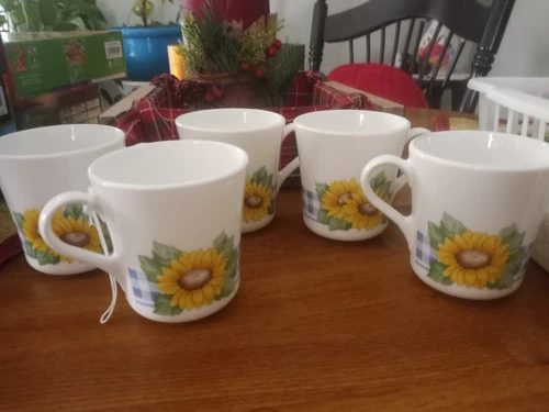 5 Sunflower Coffee Mugs Vintage Corelle Sunsations Corning USA MCM Gingham