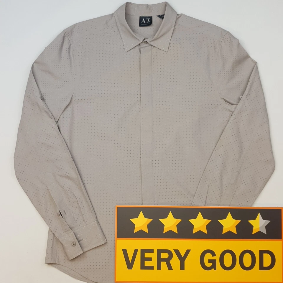 Camisa Armani AX Hombres Mediana Calce Ajustado Gris Manga Larga Diseñador Agujero Estilo Aribajado Foto 2 de 4