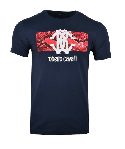 LOGO IMPRIMÉ PEAU DE SERPENT ROBERTO CAVALLI LOGO MARINE ROUGE BLANC T-SHIRT HOMME PYTHON JUSTE - Photo 1 sur 2