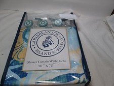 Caribbean Joe Island Supply TIKI FLORAL Shower Curtain  Hooks Set  Teal Blue