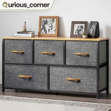 Chest of 5 Drawers Dresser Gray Fabric Modern Design Bedroom Storage Organizer