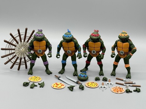 LOT 4 TMNT Ninja Turtles NECA Cartoon Pizza Club Leo Don Mike Raph Spinning Bo