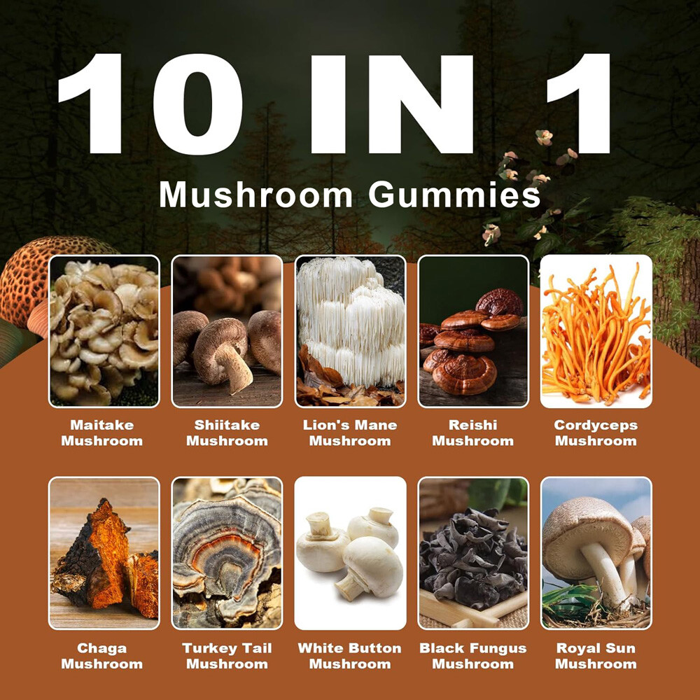 Mushroom Gummies for Adults - 10-in-1 Functional Mushroom Supplement for Mood