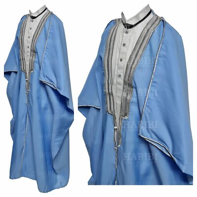 Men's PREMIUM 3 Quarter Sleeve Arabian Bisht Light Blue Silver Cloak Arab Dre