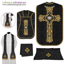 Black Roman Chasuble Fiddleback Vestment and Mass set, Pelican embroidery