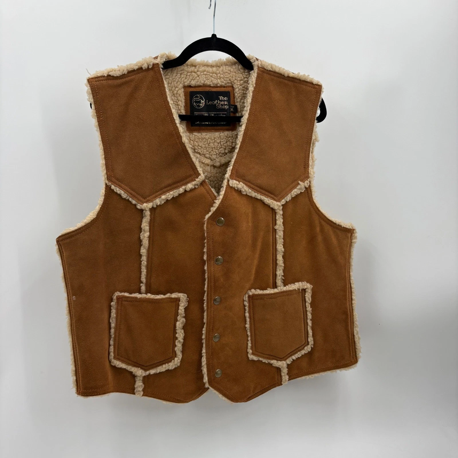 Sears The Leather Shop Mens XL Suede Shearling Vest Western Tan Vintage Snap