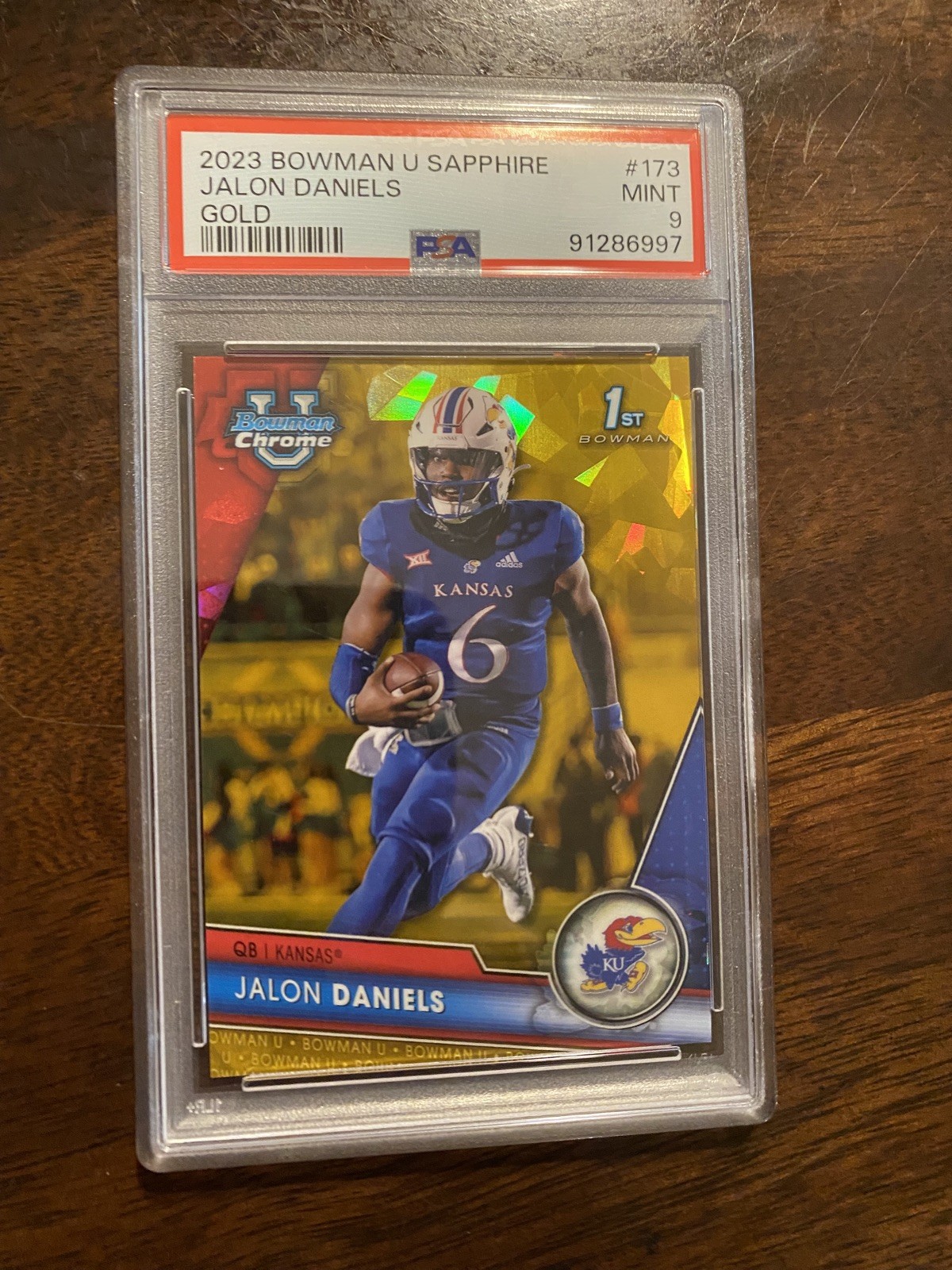2023 Bowman Chrome University Sapphire Jalon Daniels Gold /50 Kansas #113 PSA 9