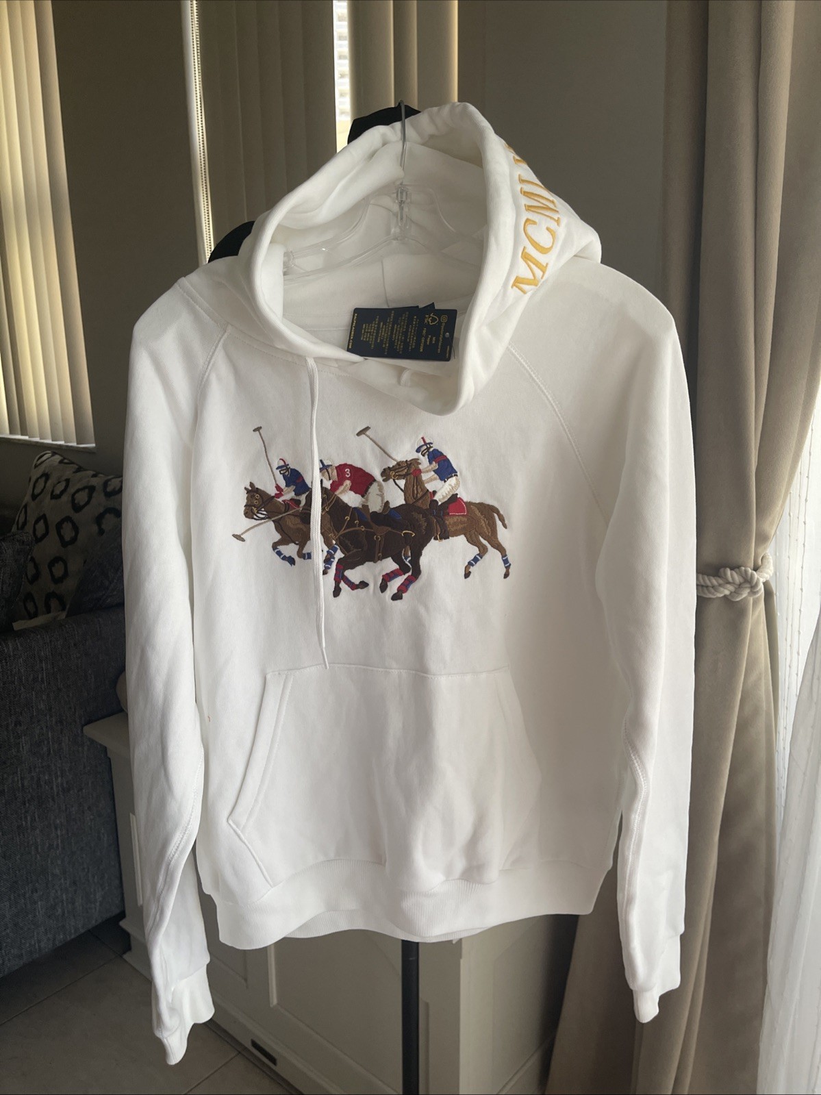 Polo Ralph Lauren Triple Pony bianca con cappuccio ricamata equestre nuova con etichetta taglia large