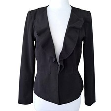 White House Black Market Black Ruffle Front Blazer Jacket Size 8 Workwear