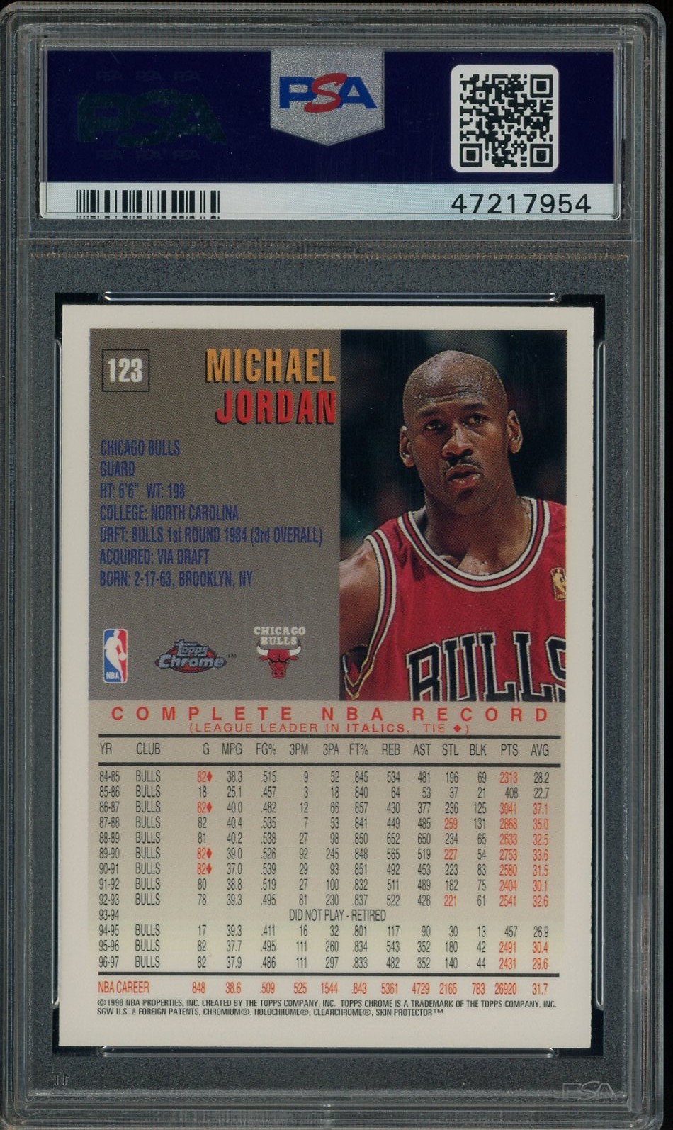1997-98 Topps Chrome #123 Michael Jordan Chicago Bulls HOF PSA 10 GEM MINT view 2