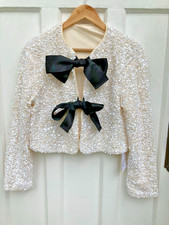 NWT Commense White Sparkly Sequin Blazer Crop Jacket with Black Bows Size M