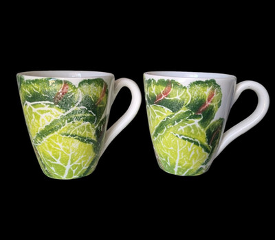 Vietri Spring Vegetables Cabbage Set of 2 Mugs Made in Italy Large Green DAMAGED