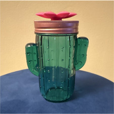Cactus-Shaped Green Jar with Pink Flower Lid Decorative Storage Container