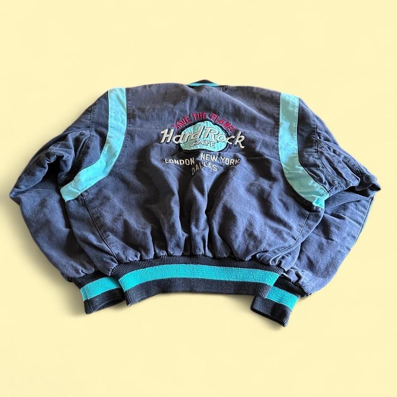 Vintage Hard Rock Cafe Bomber Jacket Black Teal Cities Women’s M London New York