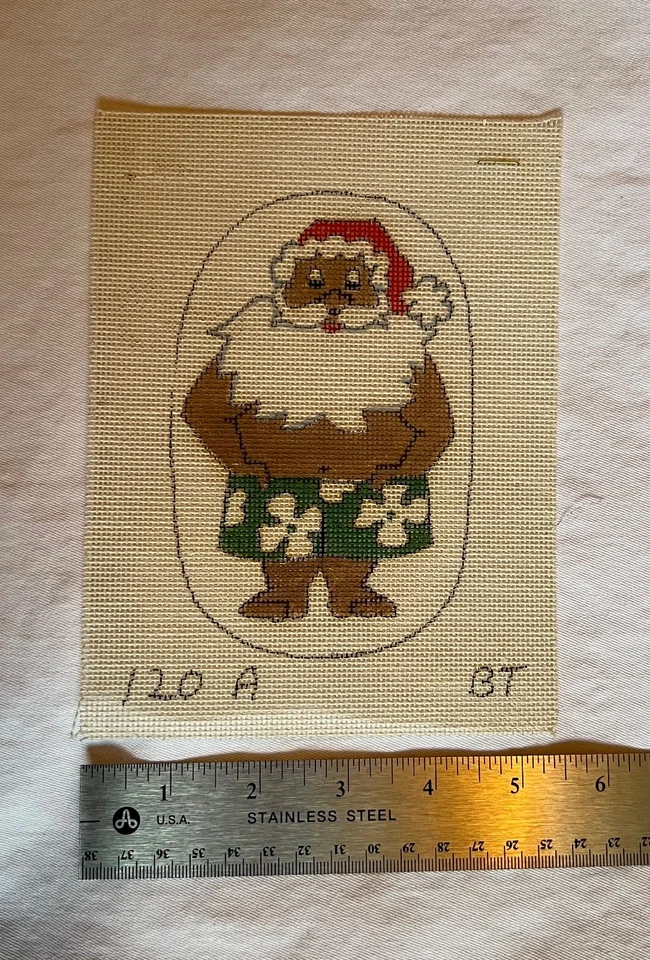 Christmas: Hawaiian style Santa needlepoint Canvas for ornament, Vintage “BT” - Image 2 of 3