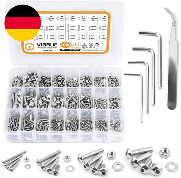 Vigrue 1080PCS M2 M3 M4 M5 Schrauben Set A2-70 Edelstahl-Sechskopf-Knopf Schraub-image
