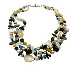 3 Strand Pearl Shell Wood Beaded Necklace 18i...