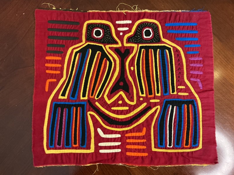 Vintage Kuna Mola Hand Stitched Textile Panel Panama Guna Folk Art pair birds