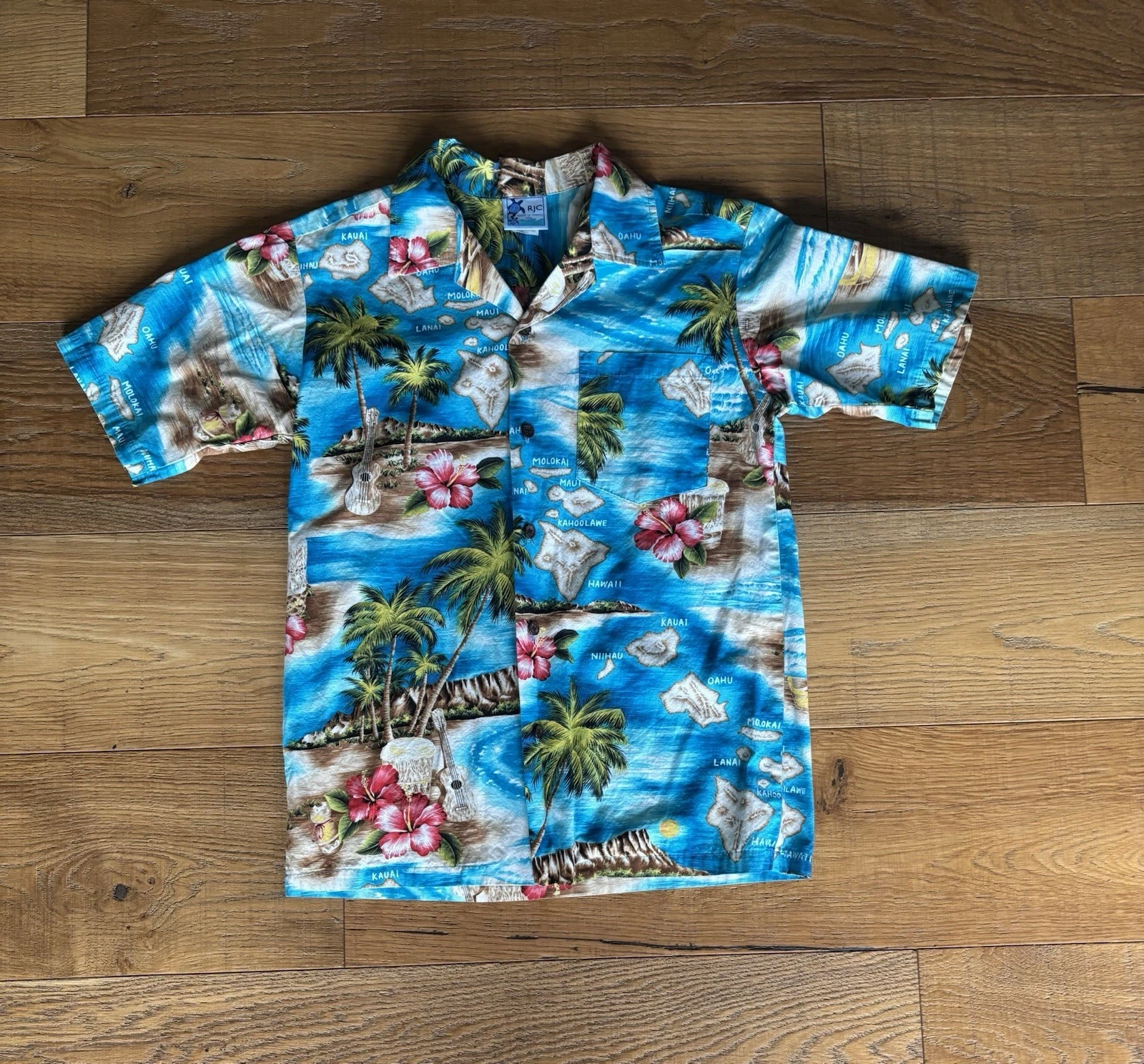 RJC Made In Hawaii Blue Tropical Island Map Hawaiian Shirt Sz S or Youth L