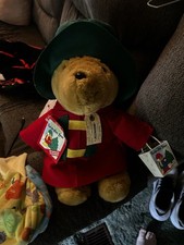 1997 Vintage Paddington Bear Stuffed Animal Eden Toys, Red Coat With Green Hat