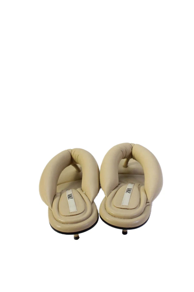 Zara Womens Leather Slide On Thong Padded Sandal Heels Beige Size 37 7 - Image 3 of 4