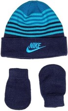 NEW Nike Toddler Boys Size Hat and Mittens 2 Piece Set Blue Navy Striped