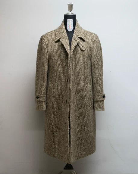 Vintage Men's Overcoat Brown Tweed Herringbone Windproof Winter Warm Long Coat - Image 2 of 4