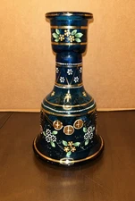 Antique Bohemian Cobalt Blue Glass Vase, Hand Painted