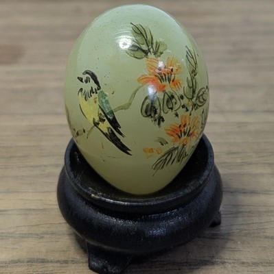 1.5'' Small Vintage Egg Asian Green Jade Glass Handpainted Bird Orange Flowers