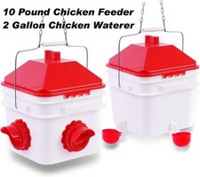 Automatic Chicken Feeder and Waterer Set 10lb Feed 2 Gal Water Hanging No Waste