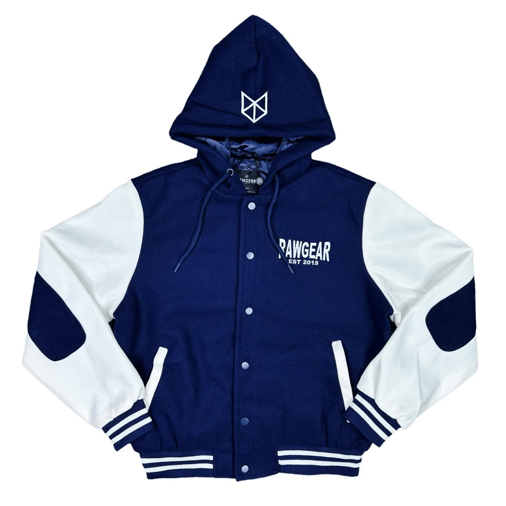 RawGear Embroidered Logo Letterman Jacket Hoodie Size Small Navy / White Men’s